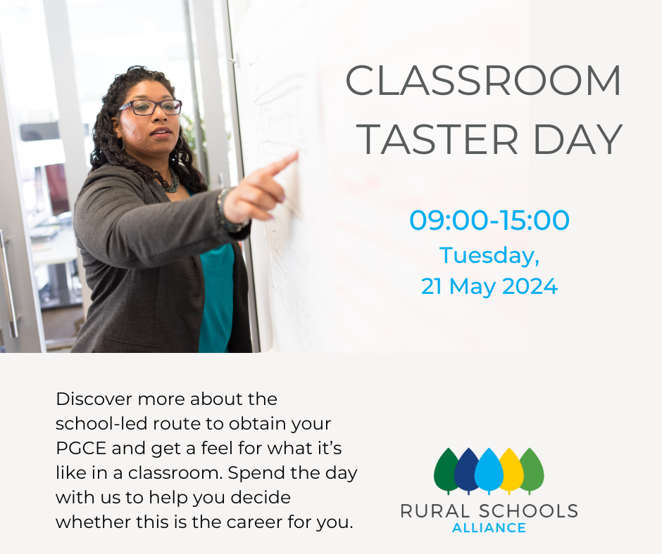 Image shows a female teacher pointing towards text that says Classroom taster day, 09:00 to 15:00 on 21 May. Discover more about the school-led route to obtain your PGCE and get a feel for what it’s like in a classroom. Spend the day with us to help you decide whether this is the career for you.