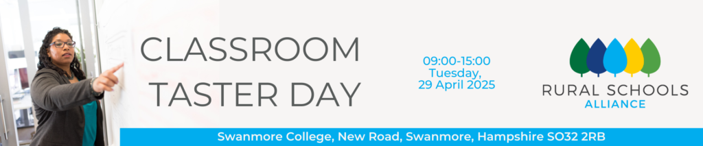 Image shows a teacher pointing at a board and the words Classroom Taster Day - 09:00-15:00 Tuesday 29 April