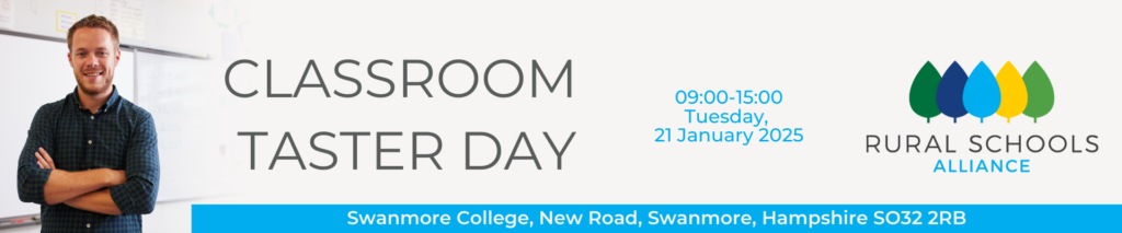 Image shows a teacher pointing at a board and the words Classroom Taster Day - 09:00-15:00 Tuesday 21 January